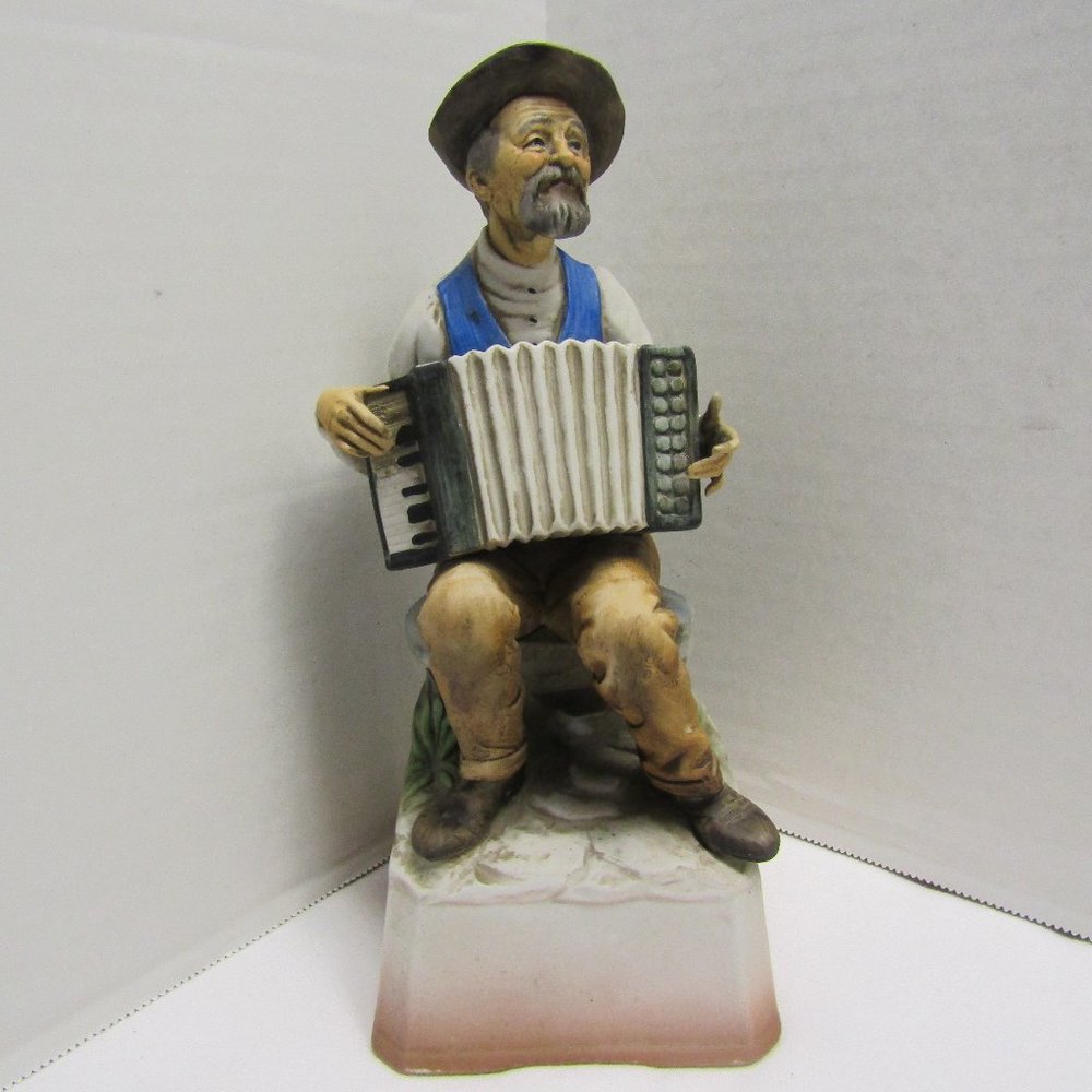 Vintage Shafford 'Old Timer w/ Accordion' Statue Music Box Painted Porcelain 9"